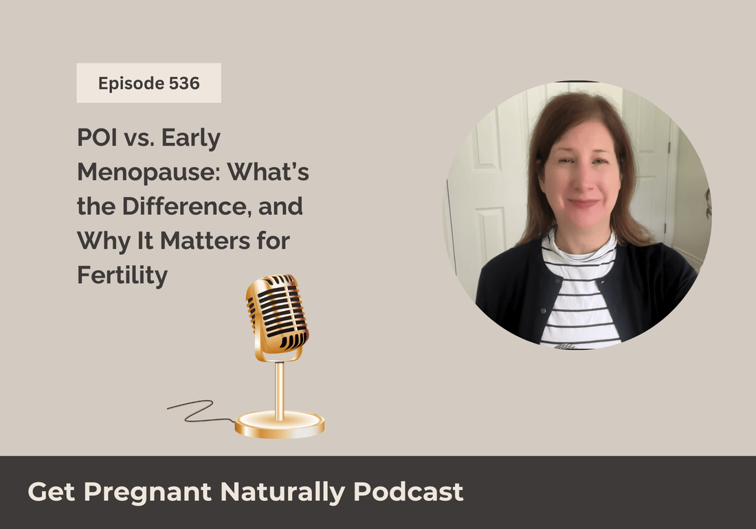 Sarah Clark recording the Get Pregnant Naturally podcast at her desk with a microphone, discussing POI, early menopause, and functional fertility.