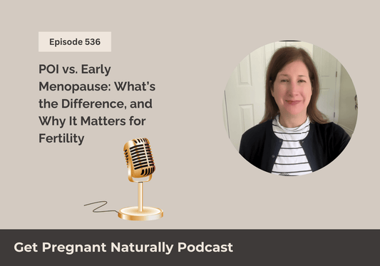 Sarah Clark recording the Get Pregnant Naturally podcast at her desk with a microphone, discussing POI, early menopause, and functional fertility.