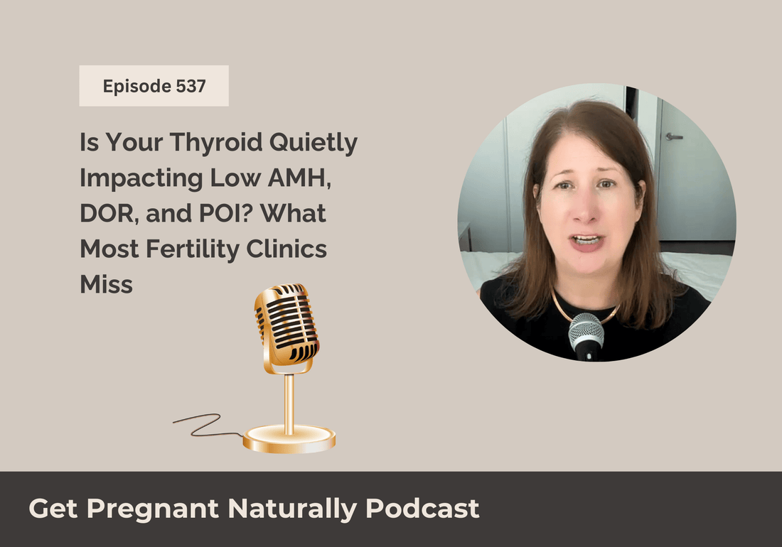Sarah Clark recording a fertility podcast episode on thyroid health and low AMH.