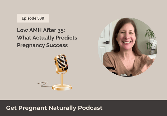 Sarah Clark recording an episode of the Get Pregnant Naturally podcast, discussing low AMH after 35, egg quality, and factors that influence pregnancy success beyond AMH.