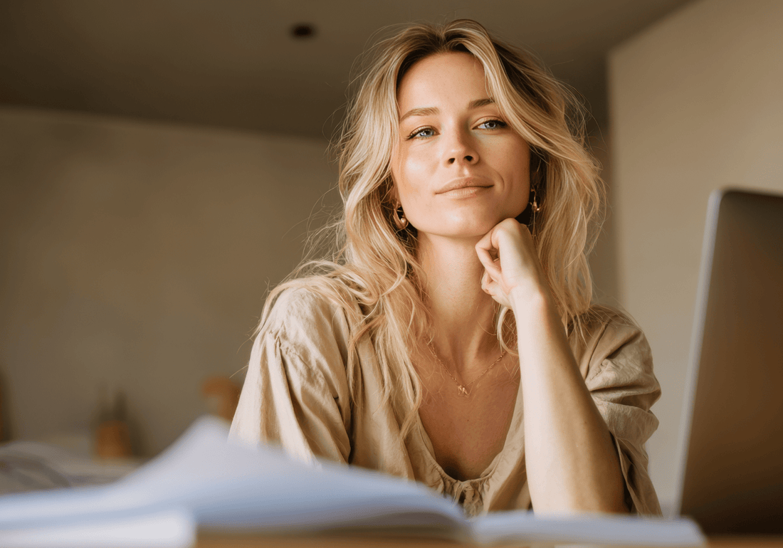 A calm, thoughtful woman reflecting on fertility questions related to low AMH and regular periods.