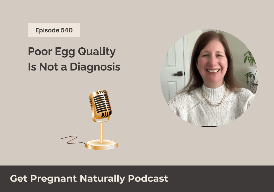 Sarah Clark recording a fertility podcast episode explaining why poor egg quality is not a diagnosis and what affects egg development with low AMH