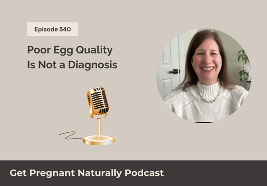 Sarah Clark recording a fertility podcast episode explaining why poor egg quality is not a diagnosis and what affects egg development with low AMH